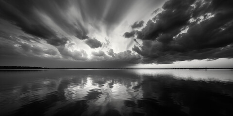 Monochrome abstract sunset, grayscale, intricate details in the clouds and water, high contrast, mood evoking