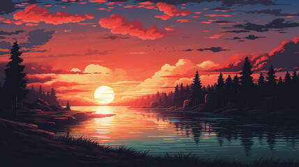 Pixelated sunset, 8-bit art style, bold and vibrant colors, retro digital aesthetic
