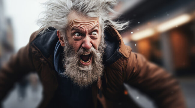 Elderly man in a wild, joyful scream, hair flying in a burst of energy.