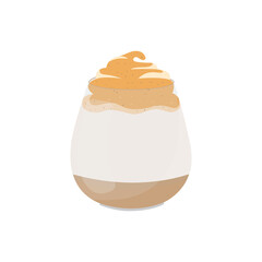 Dalgona coffee sticker. Coffee vector illustration.  Coffee with cream in glass cup. Cartoon dalgona coffee. 