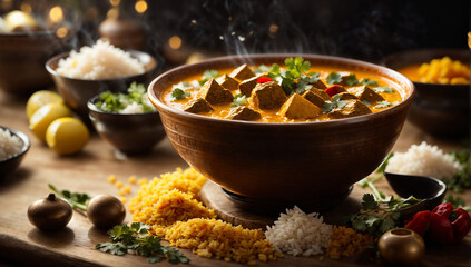 A realistic image of a steaming bowl of fragrant and flavorful curry with rice - AI Generative