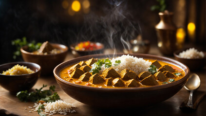 A realistic image of a steaming bowl of fragrant and flavorful curry with rice - AI Generative - obrazy, fototapety, plakaty