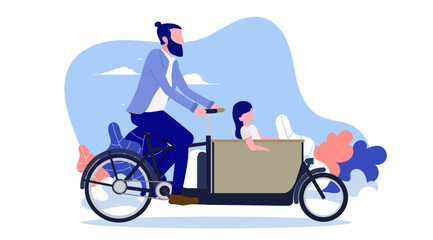 Riding cargo bike with child - Urban male parent riding young child in bike with box in front. Flat design vector illustration with white background