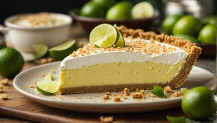 A slice of creamy and tangy key lime pie with a crumbly graham cracker crust - AI Generative - obrazy, fototapety, plakaty