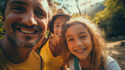 Fototapeta premium Family, smile and face portrait in nature on holiday, vacation or summer trip. Diversity, travel and parents, father and mother with girl, love and care, spending quality time together and bonding.