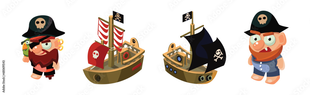 Poster pirate object and element with man captain and ship with skull vector set