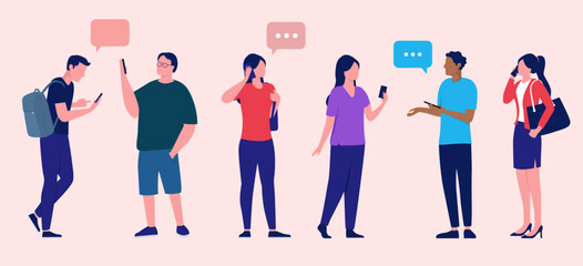 People with mobile phones in hand collection - Set of vector illustrations with various characters using smartphone, looking at screen and talking with speech bubbles in flat design graphic - obrazy, fototapety, plakaty