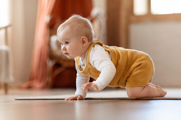 Closeup Portrait Of Cute Little Infant Baby Crawling On Floor