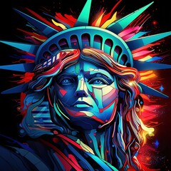 Statue of liberty artgraf, style art using bright neon usa colored american. Suitable for t-shirt and posters. Patriotic pattern digital art. Trippy pop art style