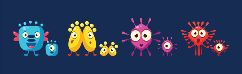 Funny Microorganism and Virus with Tentacles Vector Set - obrazy, fototapety, plakaty