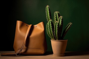 Woman bag or wallet made of organic eco leather and a cactus. Cactus leather, sustainable vegan alternative to animal leather, made from Opuntia Cactus. Innovative vegan leather, cruelty-free fashion.
