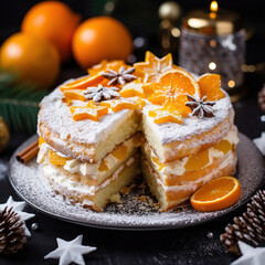 Homemade pie with mandarins on  wooden table. Citrus cake decorated with powdered sugar and clementines.