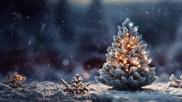 Christmas scene with copy space. Christmas tree in the winter forest. Beautiful winter landscape with Christmas tree.. Snowfall. Loop. Space for text. 