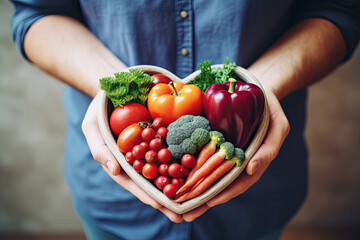 manos de mujer con camisa vaquera, sosteniendo entre sus manos un cuenco de madera en forma de corazón, conteniendo frutas y verduras. concepto cuidado de la salud cardio vascular