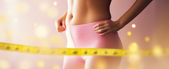 cuerpo de mujer detrás de un metro con cintura y abdomen al aire y pantalón rosa de entrenamiento sobre fondo en tono rosa y dorado desenfocado - Powered by Adobe