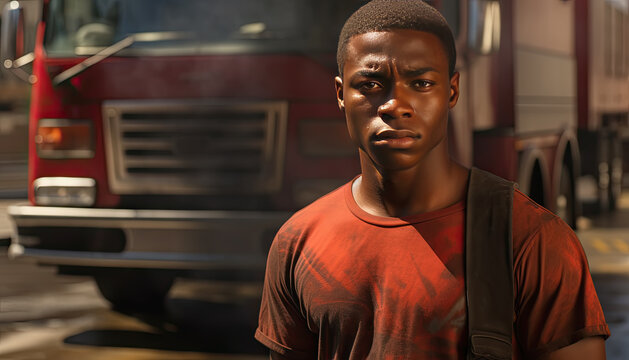 bombero afroamericano sosteniendo una manguera sobre el hombro con fondo de cami&oacute;n de bomberos desenfocado