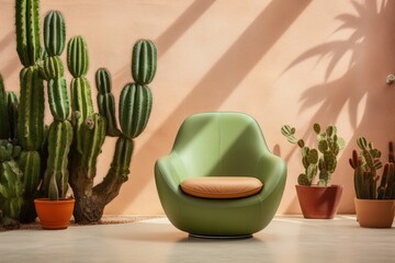 Comfortable armchair made of organic eco leather and green cactus. Cactus leather, sustainable vegan alternative to animal leather, made from Opuntia Cactus. Innovative vegan leather, cruelty-free