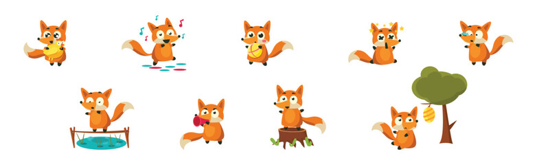 Cute Red Fox with Bushy Tail and Funny Snout Vector Set