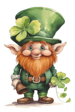 Watercolor Irish gnome, in full body, symbolizing St. Patrick's Day, with shamrock leaf in hand	
