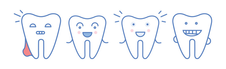 Cute Line Tooth Icon with Face and Smile Vector Set