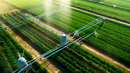 Irrigation system in action. An overhead view of a farm with a functioning modern irrigation system, showing the network of pipes, sprinklers and water channels. Generative Ai - Powered by Adobe