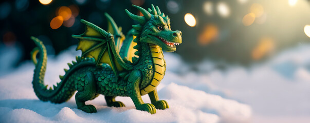 Obraz premium The green wooden dragon is a symbol of 2024 according to the eastern calendar. Postcard with copy space