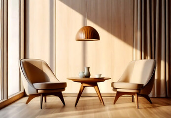 Modern living room interior design from a mid-century residence.Beside the window, next to the paneling wall and curtain, are two barrel seats and a round wooden coffee table. Generative AI