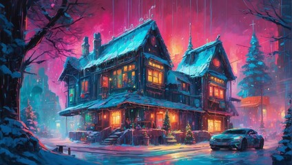 A Cyberpunk Enchanted Winter Evening At A Festive House 88