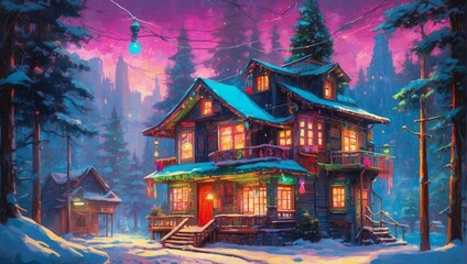 A Cyberpunk Enchanted Winter Evening At A Festive House 86