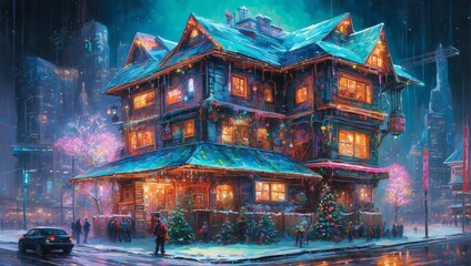 A Cyberpunk Enchanted Winter Evening At A Festive House 93