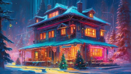 A Cyberpunk Enchanted Winter Evening At A Festive House 92