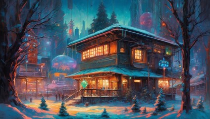 A Cyberpunk Enchanted Winter Evening At A Festive House 97
