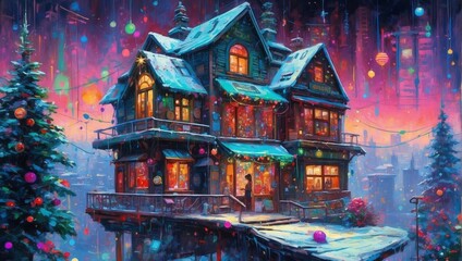 A Cyberpunk Enchanted Winter Evening At A Festive House 100