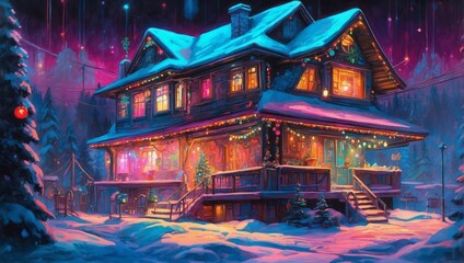 A Cyberpunk Enchanted Winter Evening At A Festive House 103