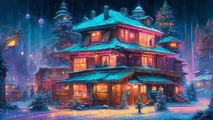 A Cyberpunk Enchanted Winter Evening At A Festive House 105