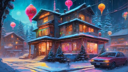 A Cyberpunk Enchanted Winter Evening At A Festive House 110