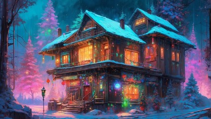 A Cyberpunk Enchanted Winter Evening At A Festive House 112