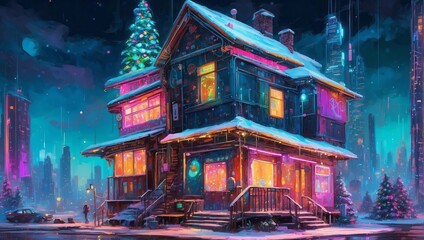 A Cyberpunk Enchanted Winter Evening At A Festive House 108 - obrazy, fototapety, plakaty
