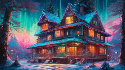 A Cyberpunk Enchanted Winter Evening At A Festive House 122