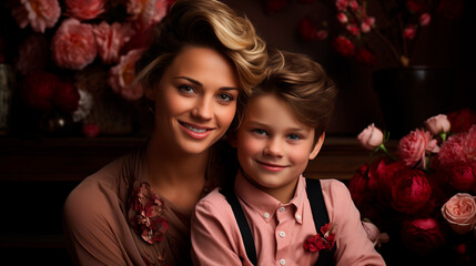 Obraz na płótnie Canvas portrait of a white mother and son celebrating valentines day