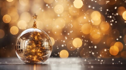 Golden Christmas background, Christmas tree, bokeh effect, holiday season