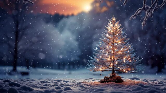 Christmas scene with copy space. Christmas tree in the winter forest. Beautiful winter landscape with Christmas tree.. Snowfall. Loop. Space for text. 