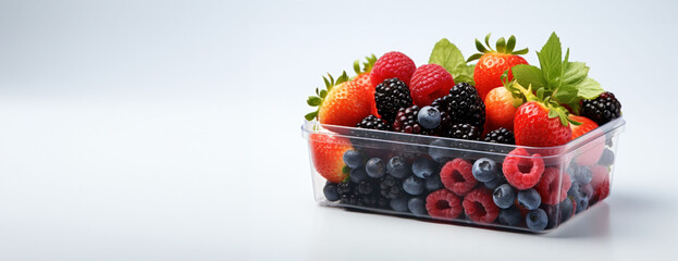 A selection of berries and citrus in a clear box, representing a healthy snack option. The composition provides an excellent background for banner text about nutrient content and health advantages.