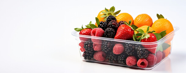 A colorful assortment of berries and citrus fruits in a container, rich in antioxidants and vitamins. The image's spacious layout is ideal for a healthy living banner with ample room for text.