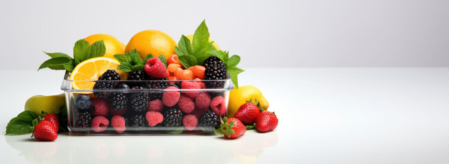 A clear container filled with an array of nutritious fruits, offering a visual feast of health benefits. The background space is perfect for banner text on vitamin richness and wellness.