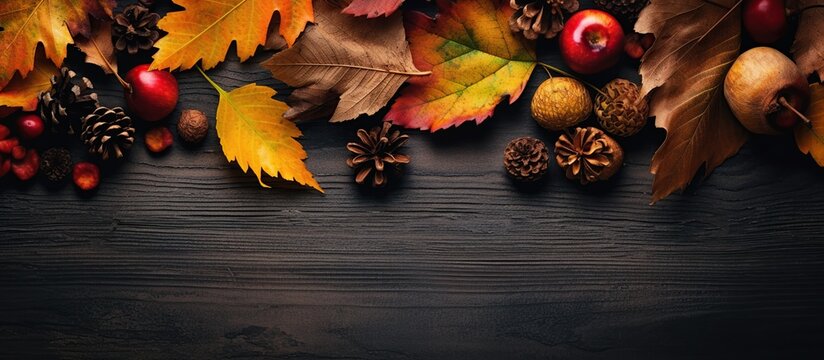 Autumn background with leaves, berries and nuts on wooden board