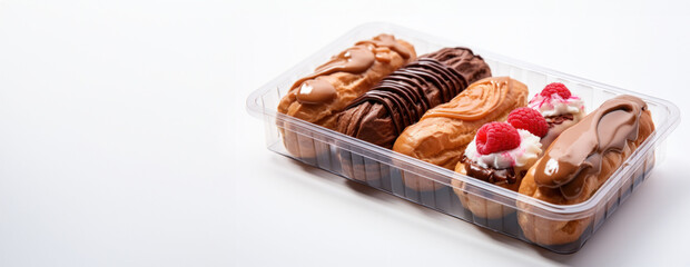 Assorted chocolate eclairs and cream puffs in a plastic box, tempting with rich textures. The blurred background offers a clean banner space for any text.
