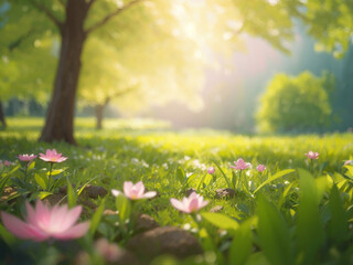 sun shining on spring landscape with trees and pink flowers growing amongst green grass nature background blur with copyspace
