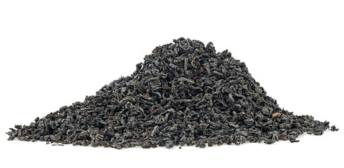 Heap of dry black tea leaves isolated on a white background. Ceylon black tea.