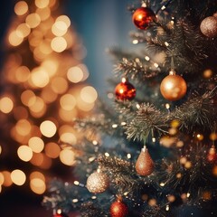 Obraz na płótnie Canvas Festive Radiance: Close-Up of Christmas Tree Lights in Bokeh Brilliance, generative AI